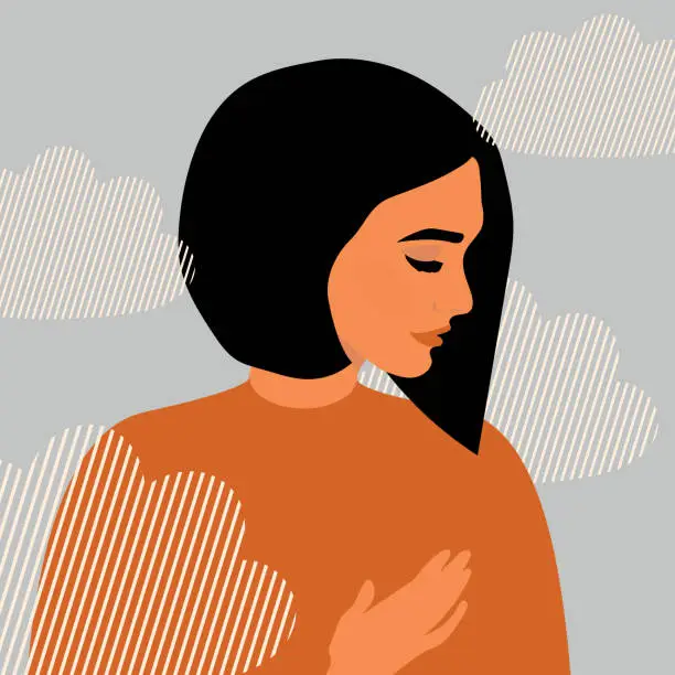 Vector illustration of The concept of psychological health and pure thoughts. A woman with black hair feels lightness and peace of mind in the clouds. Flat style poster design with blue background. Vector.