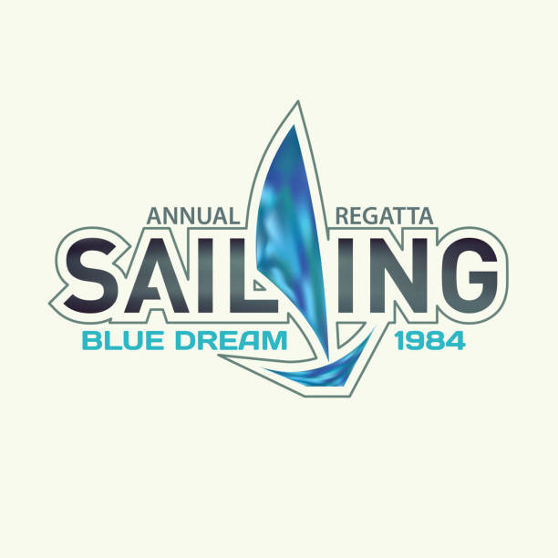 emblem für segelregatta mit blauem segelboot. vektor - regatta stock-grafiken, -clipart, -cartoons und -symbole