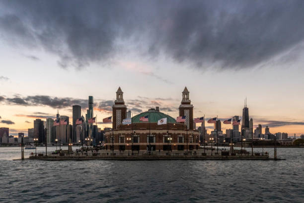The iconic Chicago Skyline from Navy Pier on a beautiful blue sky day featuring the Willis or former Sears tower