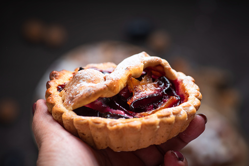 A piece of sliced plum mini pie in hand, macro. Traditional, delicious pie