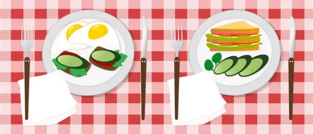 Vector illustration of breakfast banner for two fried eggs, toast, sandwich