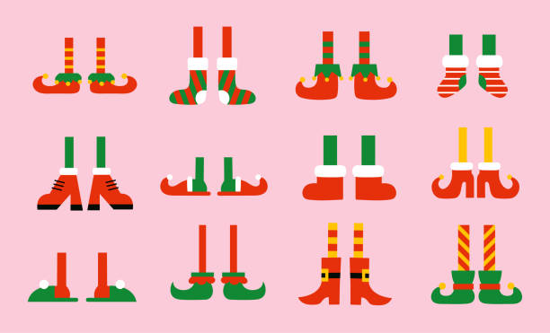 엘프 발을위한 신발과 부츠. 산타 클로스 도우미. 귀여운 만화 크리스마스 휴일 엘프 발과 다리의 벡터 컬렉션. 격리된 일러스트레이션 - stockings human leg female women stock illustrations