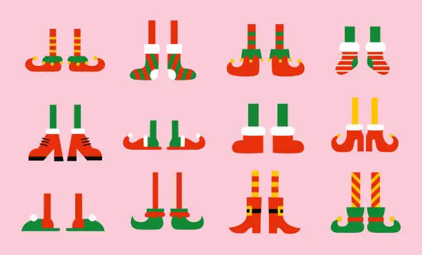 Vector illustration of Shoes and boots for elves feet. Santa Claus helpers. Vector collection of cute cartoon Christmas holiday elf feet and legs. Isolated illustrations