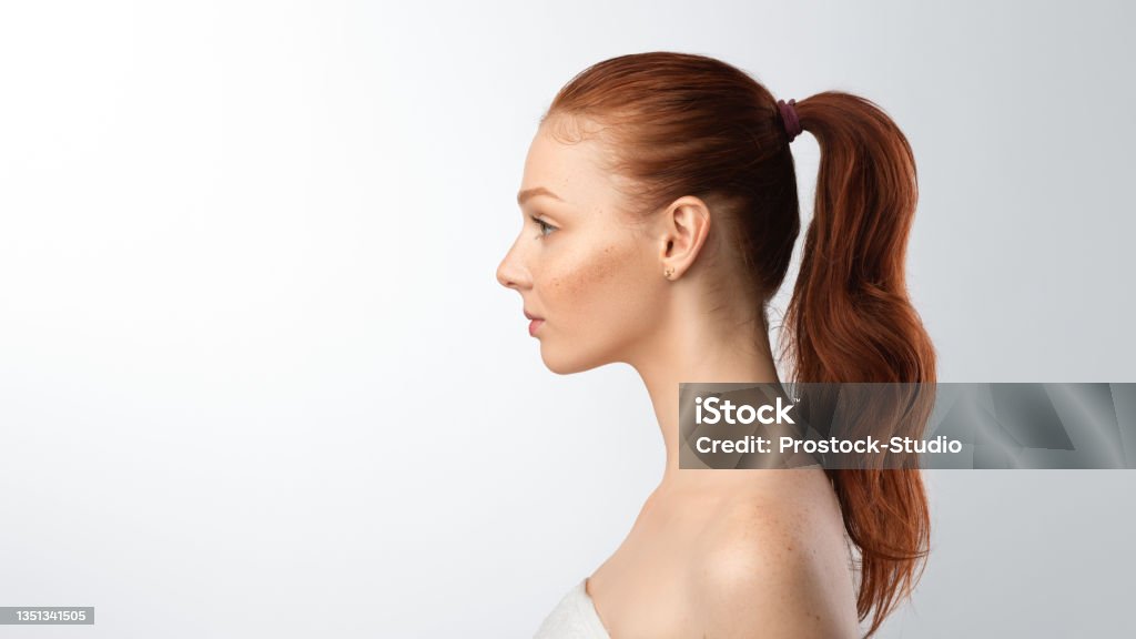 Side-view portrait of teenager girl on gray background, panorama Side view portrait of teenager girl with ponytail hairstyle posing looking aside on gray studio background. Profile female headshot. Panorama with empty space for text Women Stock Photo