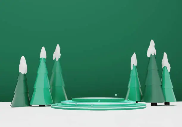 Green round podium for Christmas holidays, gifts, winter concept, poster, banner. Fir-trees, pines with snow. Minimalistic background. 3D rendering. High quality photo