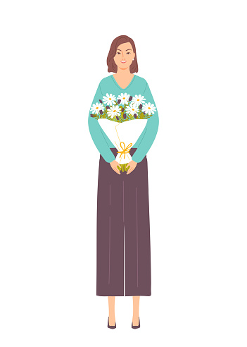 Beautiful woman with a bouquet of flowers. Female character isolated on white background. International Women's Day. Vector illustration in flat style