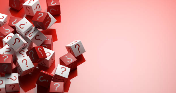 Crason, white cubes with a question mark roll out on the table. The concept of multiple question and multiple responses. 3D render.