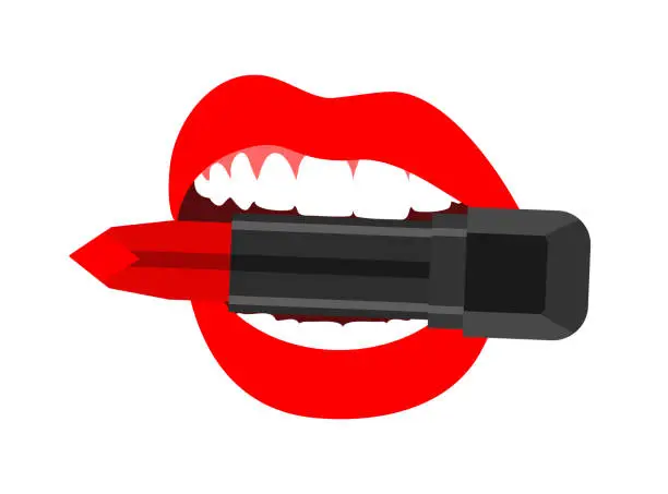 Vector illustration of Open female mouth with red lips and white teeth holding red lipstick. Fashion vector illustration