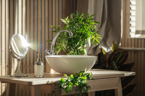 日光、甘い居心地の良い背景に緑の植物とリビングルームで水のための蛇口とボウルをシンク - bathroom living room contemporary indoors ストックフォトと画像