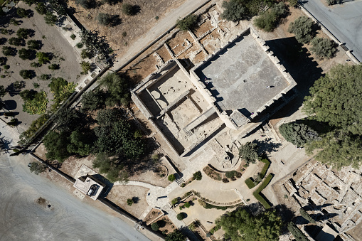 Aerial drone view of Kolossi castle fort landmark in Limassol. Cyprus historical ancient places.