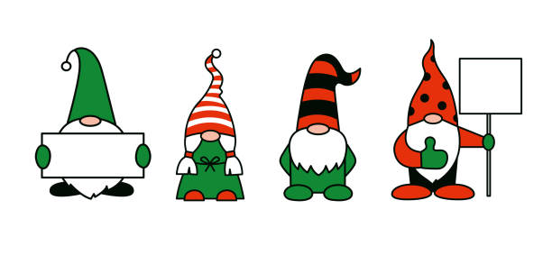 bildbanksillustrationer, clip art samt tecknat material och ikoner med garden gnomes or dwarfs cartoon isolated illustrations. gnome holding empty banner or sheet of paper in hands. man and woman, boy and girl gnome. vector characters in red green black and white colors - tomtekvinna