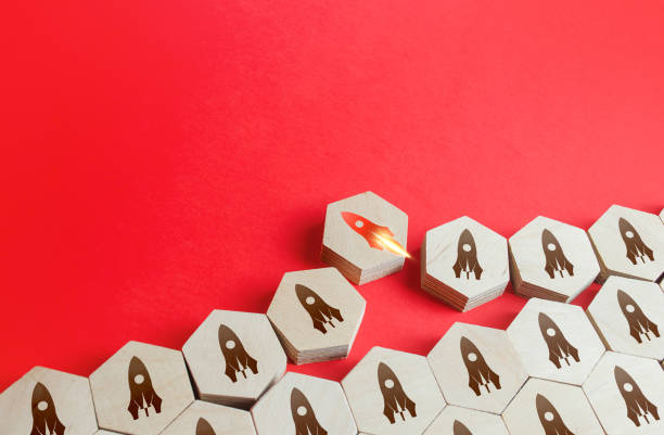 istock Rocket takes off first among others. Successful business startup with promising technology. Innovation, breaking new ground. Business unicorn. Best idea. Highly profitable investment. Achieve success. 1351351186