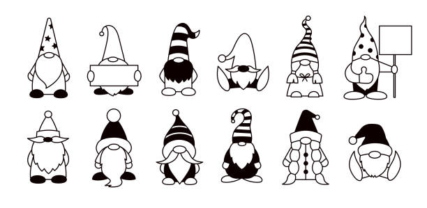 gnome isolierte illustrationen. schwarz und weiß. satz von vektor-cartoon-gnome-charakteren - zwerg stock-grafiken, -clipart, -cartoons und -symbole