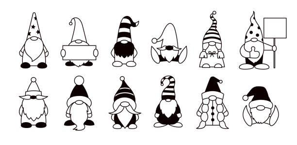 bildbanksillustrationer, clip art samt tecknat material och ikoner med gnomes isolated illustrations. black and white. set of vector cartoon gnome characters - tomtekvinna