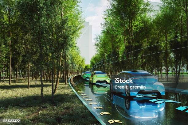 Clean Futuristic Electric Cars Road Traffic Stock Photo - Download Image Now - Futuristic, The Way Forward, Car