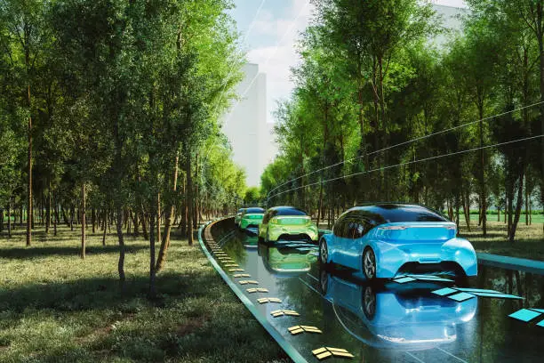 Clean futuristic electric cars road traffic. 3D generated image. Custom car design, not based on any real or concept model/brand.