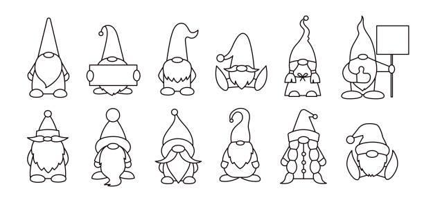 gnomes or dwarfs isolated linear illustrations. set of magic cartoon gnome characters. santa claus helpers. line icons. black and white. coloring book page - santa hat stock illustrations