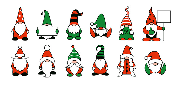 Garden gnomes or dwarfs cartoon isolated illustrations. Gnome holding empty banner or sheet of paper in hands. Boy and girl gnome. Vector magic Christmas characters in red green black and white colors