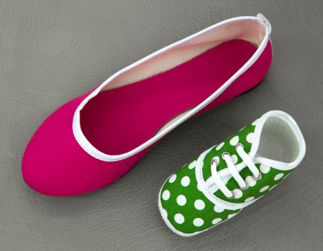 Baby and lady shoes, pink and green.