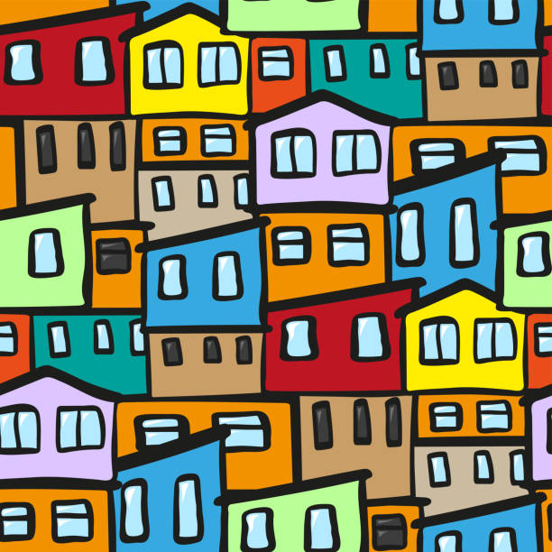 ilustrações, clipart, desenhos animados e ícones de casas coloridas multicoloridas brilhantes na favela. padrão perfeito bonito. ilustração desenhada à mão gráfica plana vetorial. textura. - favela
