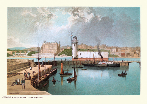 Vintage illustration the Harbour and Lighthouse, Scarborough, North Yorkshire, 19th Century