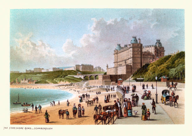 illustrations, cliparts, dessins animés et icônes de touriste victorien sur le chemin foreshore et la plage, scarborough 19th century - engraving engraved image coastline illustration and painting