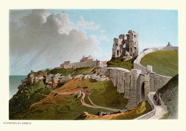 Ruins of Scarborough Castle, North Yorkshire, Victorian 19th Century vector art illustration