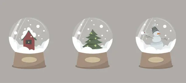 Vector illustration of Set of Merry christmas glass ball collection with house, christmas tree and snowman.