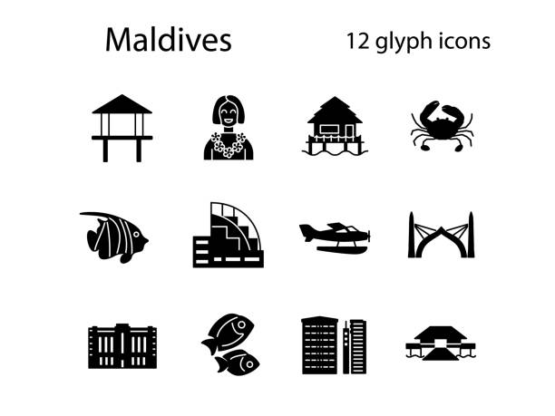 Maldives specialty glyph icons set. Water bungalow. Male famous buildings. Isolated vector stock illustration Maldives specialty glyph icons set. Water bungalow. Male famous buildings. Tropical resort. Black filled symbols collection. Isolated vector stock illustration maldivian culture stock illustrations