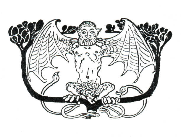 Devil with wings sitting in floral ornament decorative art nouveau 1897 Art Nouveau is an international style of art, architecture, and applied art, especially the decorative arts, known in different languages by different names: Jugendstil in German, Stile Liberty in Italian, Modernisme català in Catalan, etc. In English it is also known as the Modern Style. The style was most popular between 1890 and 1910 during the Belle Époque period that ended with the start of World War I in 1914.
Original edition from my own archives
Source : Jugend Band 1 - 1898
Drawing : B. Pankok vampire illustrations stock illustrations