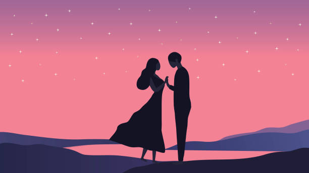 Silhouette of loving couple holding hands on sunset beach background vector illustration Silhouette of loving couple holding hands on sunset beach background vector illustration romantic stock illustrations