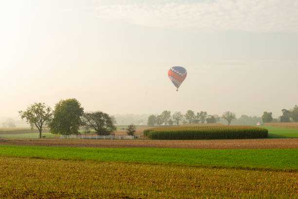 istock Hot air balloon flying over farmland 1351358599