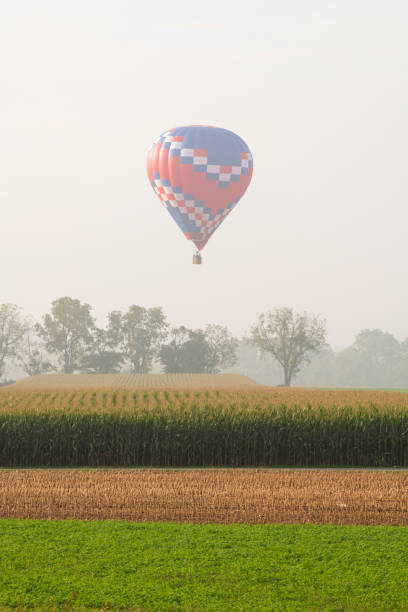 istock Hot air balloon flying over farmland 1351358764