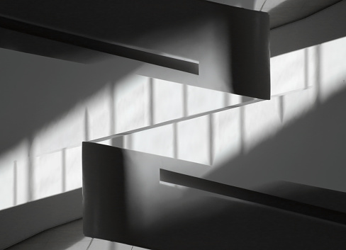 Imagen gráfica por ordenador de balaustradas o tabiques. Fondo abstracto de arquitectura moderna en blanco y negro sobre el tema del interior del edificio, la construcción o los bienes raíces. photo