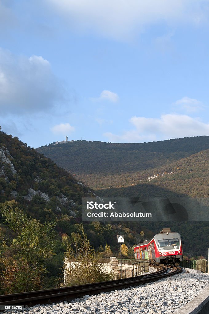 Red Train on So&#269;a Bridge Slovenia Red train with graffiti crossing Soča River, Solkan near Nova Gorica, Slovenia, Europe. Architecture Stock Photo