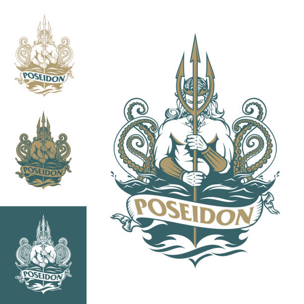 Poseidon and kraken insignia vintage Poseidon and kraken insignia vector format for poster, t-shirt print, symbol, or any other purpose. stubble stock illustrations