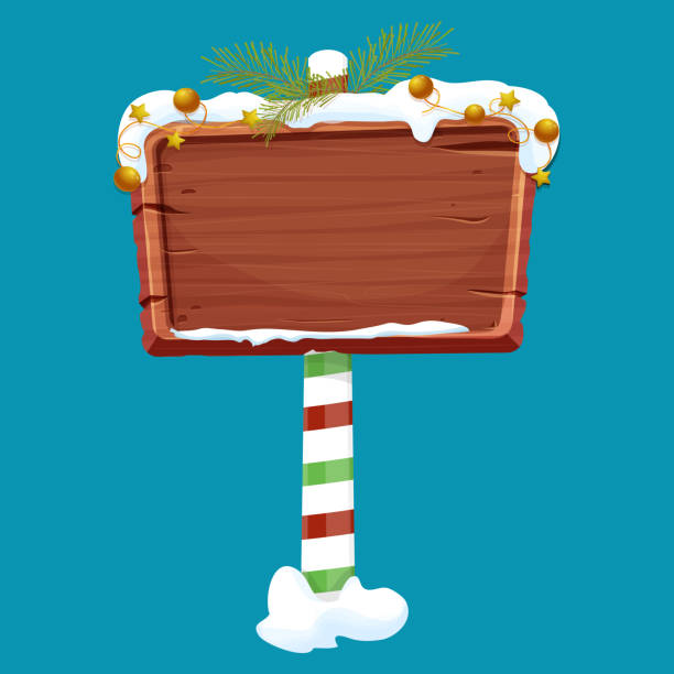 istock Christmas wooden signboard, road signs on striped stick with decoration, empty frame in cartoon style isolated on white background. Holiday decoration. Ui game asset. Vector illustration 1351371911