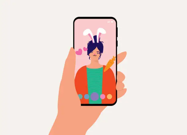 Vector illustration of Young Woman With Cute AR Selfie Pose. Augmented Reality Animated Self-Portrait.