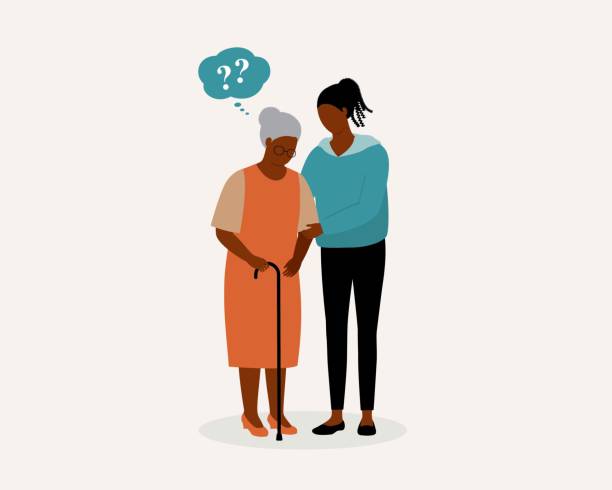 Black Daughter Taking Care Of Her Elderly Mother With Dementia Or Amnesia. Memory Loss. Young Black Daughter Taking Care Of Her Elderly Mother With Dementia Or Amnesia. Full Length, Isolated On Solid Color Background. Vector, Illustration, Flat Design, Character. community outreach illustrations stock illustrations