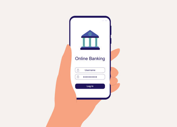 online-banking wird auf dem mobiltelefon angezeigt. - elektronisches banking stock-grafiken, -clipart, -cartoons und -symbole