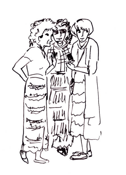 istock Elderly ladies discussing news monochrome ink drawing 1351384910