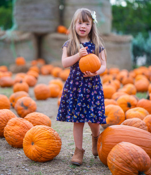 une fillette de six ans trouve la citrouille parfaite - 6 7 years little girls child standing photos et images de collection