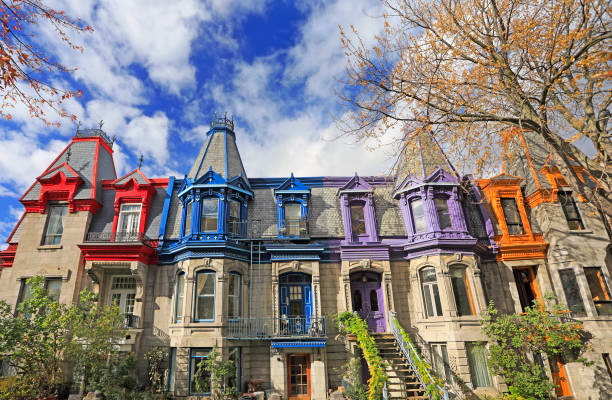 Colorful houses in Square Saint Louis in autumn, Montreal, Canada stock photo