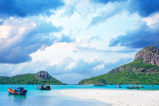 Wilde beach Con Dao island, Vietnam with blue water. Wide landscape of Con Dao island, Vietnam