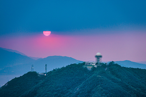 Radar Tower of weather station on peak on a mountain, Kowloon, Hong Kong