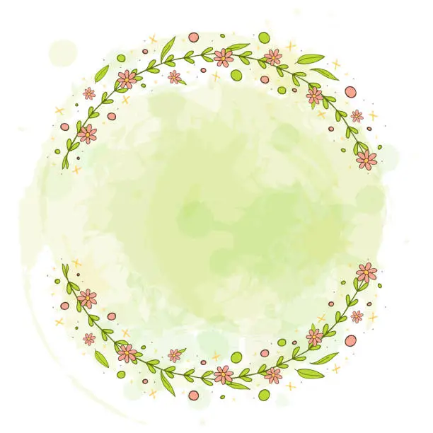 Vector illustration of A frame of pink flowers with greenery. Floral arrangement in the shape of a circle. Vector illustration. On a watercolor background.