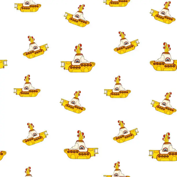 Vector illustration of Yellow submarine. The Beatles. Seamless pattern. A hand-drawn doodle-style illustration.