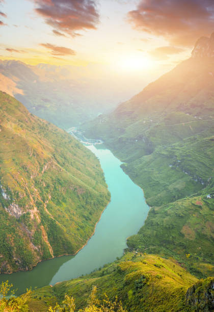 Aerial view of Nho Que River view from Ma Pi Leng Pass, one of the most beautiful is a mountain pass in Ha Giang, Viet Nam. stock photo