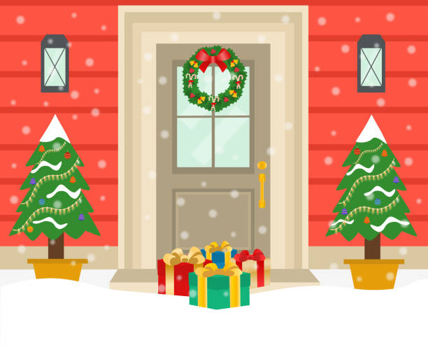 drzwi wejściowe domu udekorowane na boże narodzenie.wesołych świąt i szczęśliwego nowego roku koncepcja. - new year wall door decoration stock illustrations