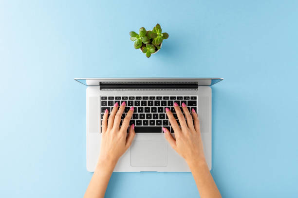 istock Woman’s hands using laptop on blue table with flower. Business background. Top view 1351418157